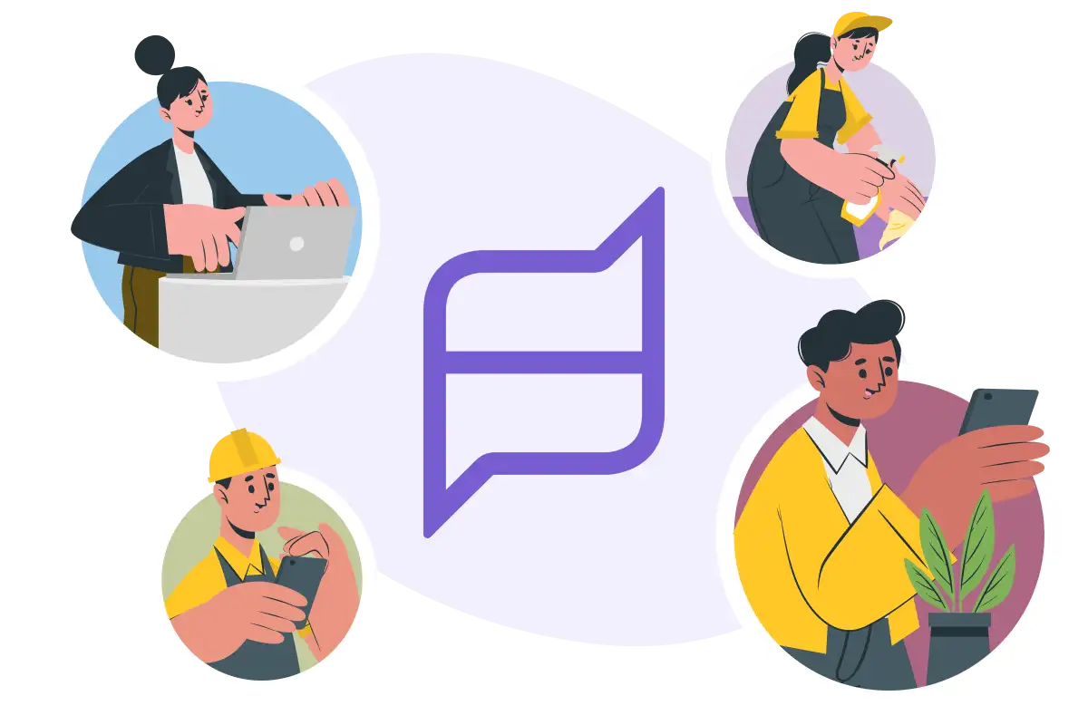 Illustration of a purple chat bubble icon surrounded by photos of an office worker, a cleaner, a maintenance operative and a mobile user, representing the people who raise and manage tasks through askporter