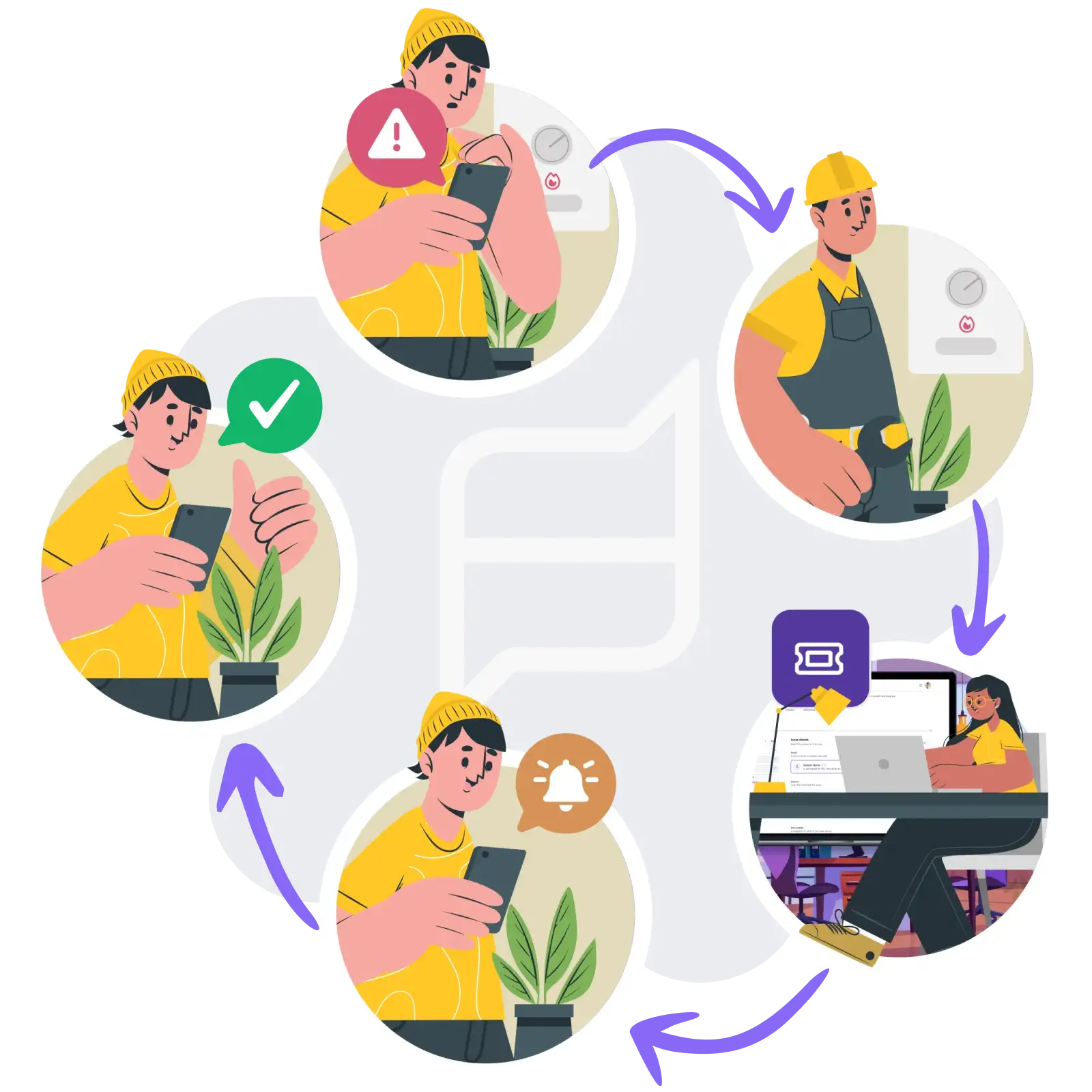 Circular diagram showing a repair issue moving from resident report through triage, contractor dispatch and completion, with a housing officer overseeing the process at a desk