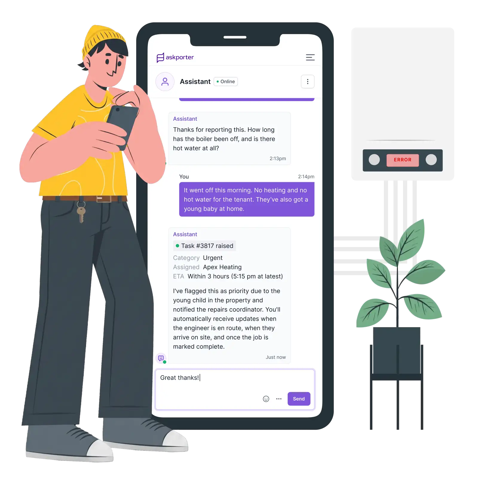 Illustration of a tenant reporting a boiler fault via chat, with the job automatically raised, prioritised and assigned to a contractor with an ETA