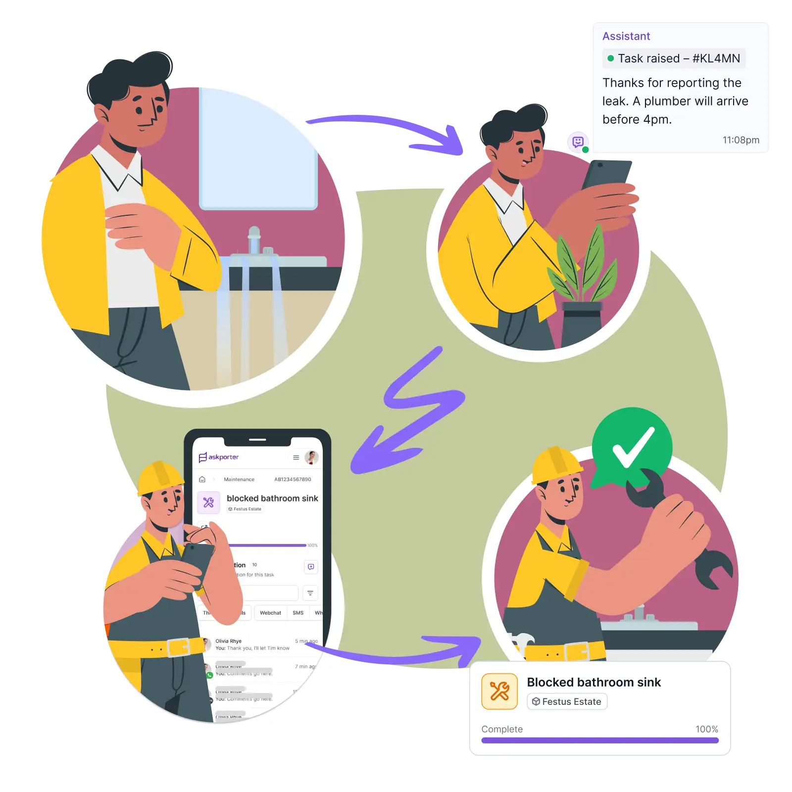 Illustration of a team assembling a large chat bubble icon, representing the askporter platform being built