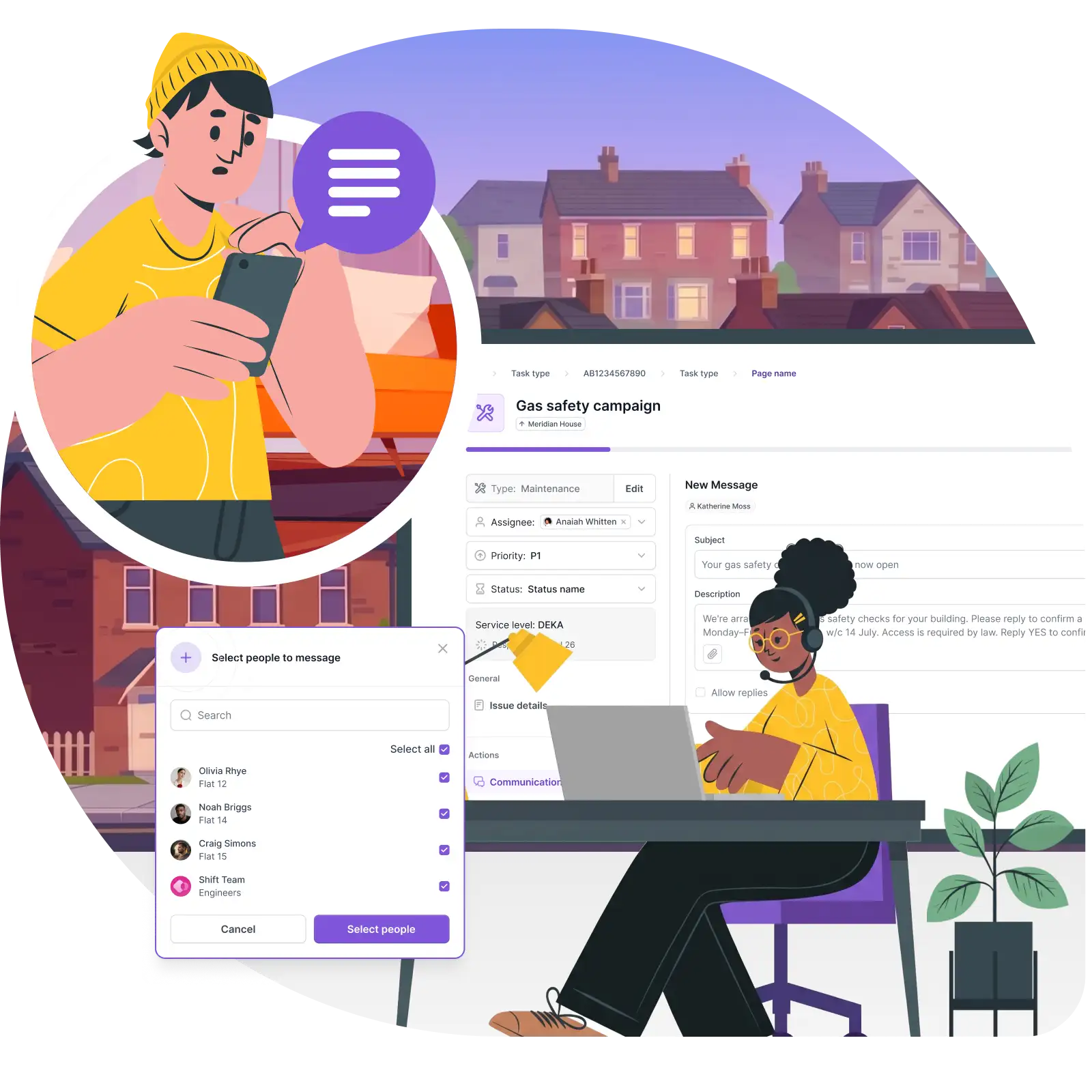 Illustration of a housing officer composing a weather warning welfare check notification and selecting which residents and teams to notify
