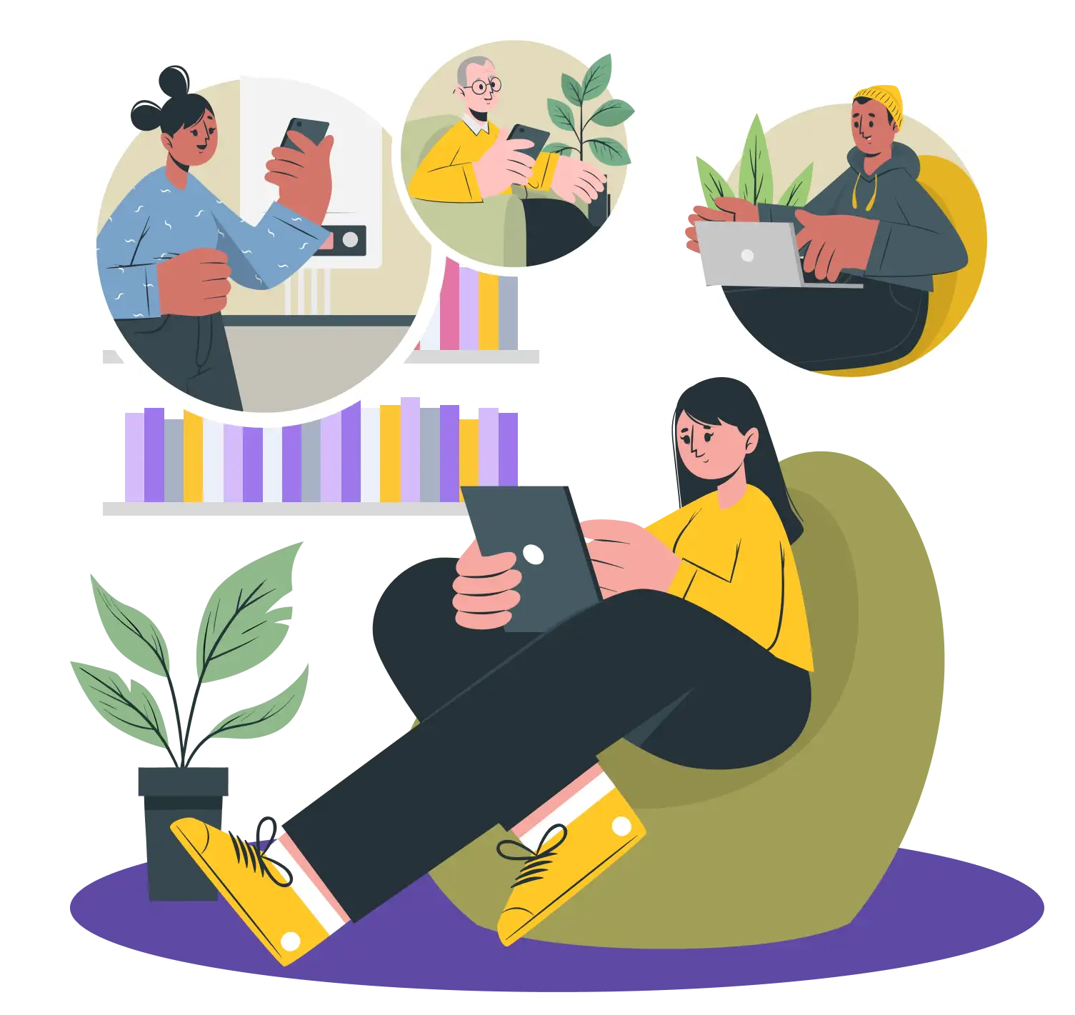 Illustration of a tenant relaxing at home after reporting a repair issue, with an appointment confirmed and a contractor briefed and on the way