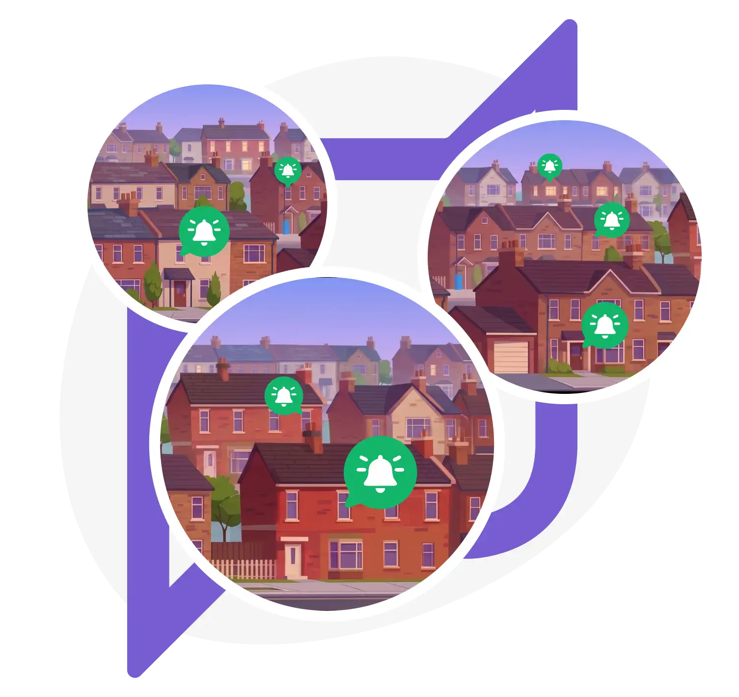 Illustration of multiple houses across a housing portfolio with notification bell icons, representing a portfolio-wide outreach campaign sent to residents