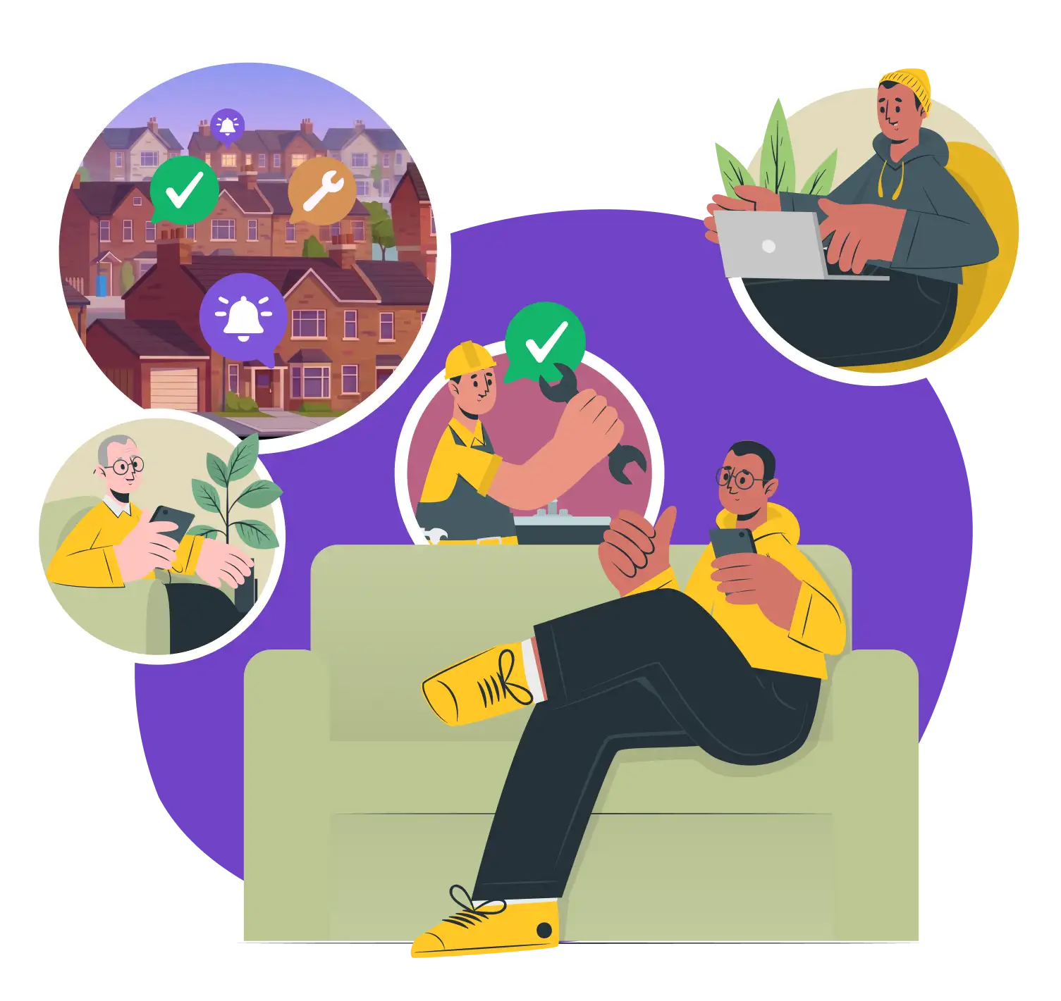 Illustration of a resident relaxing at home on their phone, surrounded by scenes of a contractor completing a repair, an older resident getting support, a housing officer working at a laptop, and a portfolio of houses with compliance and notification icons