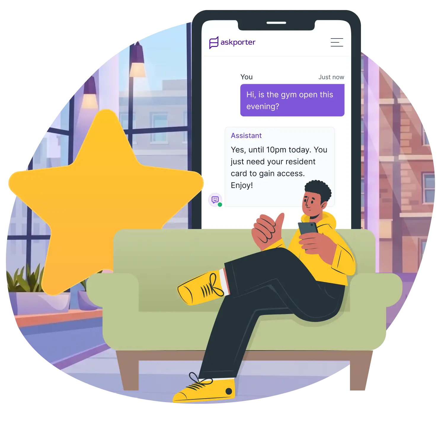 Illustration of a Build-to-Rent resident relaxing at home, getting an instant answer about gym opening hours from the askporter chat assistant