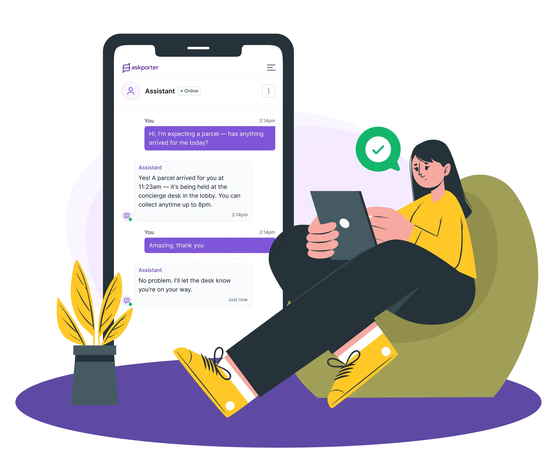 Illustration of a resident asking the askporter assistant about a parcel delivery and getting an instant reply that it's being held at the concierge desk