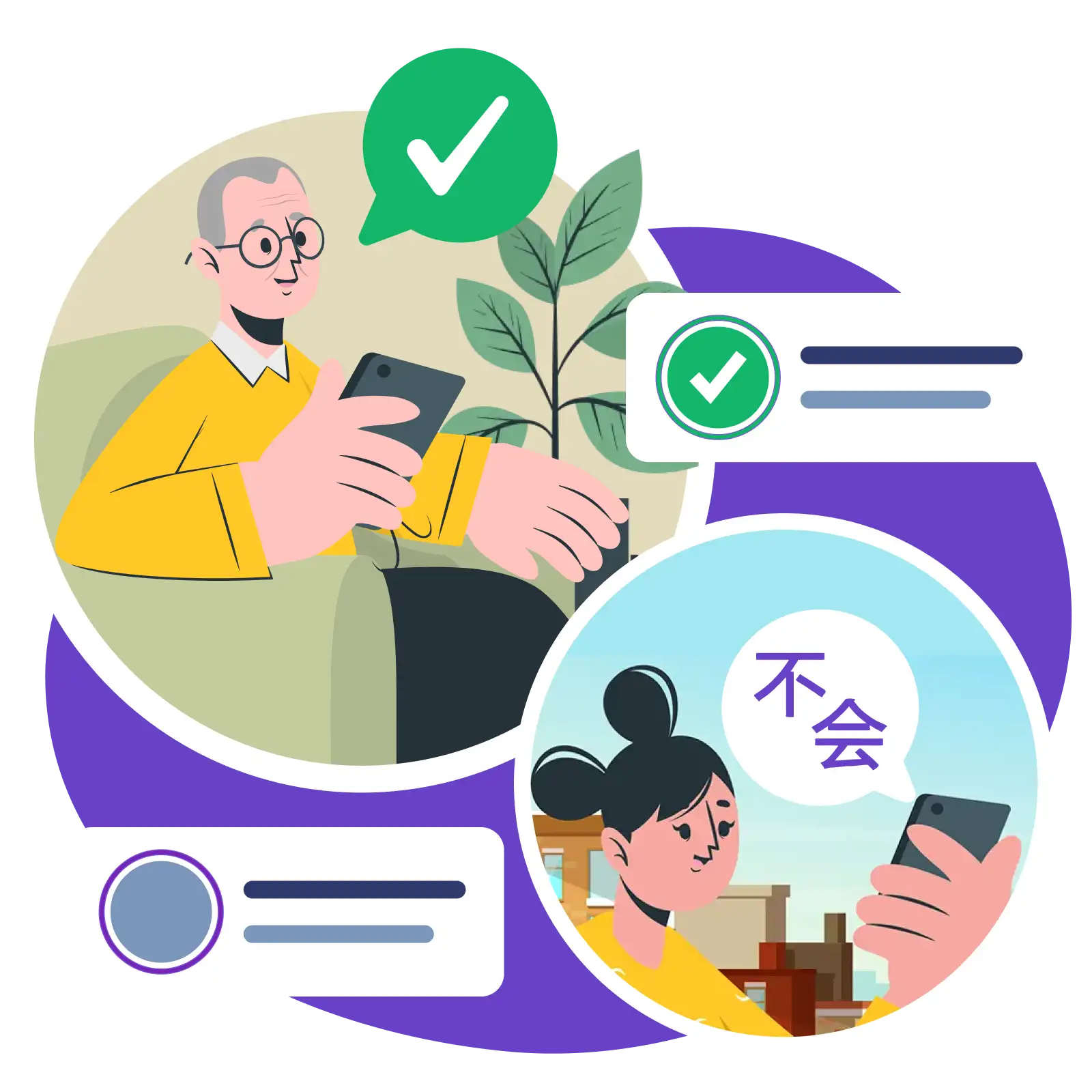 Illustration of two residents messaging askporter in different languages and getting instant, understood responses