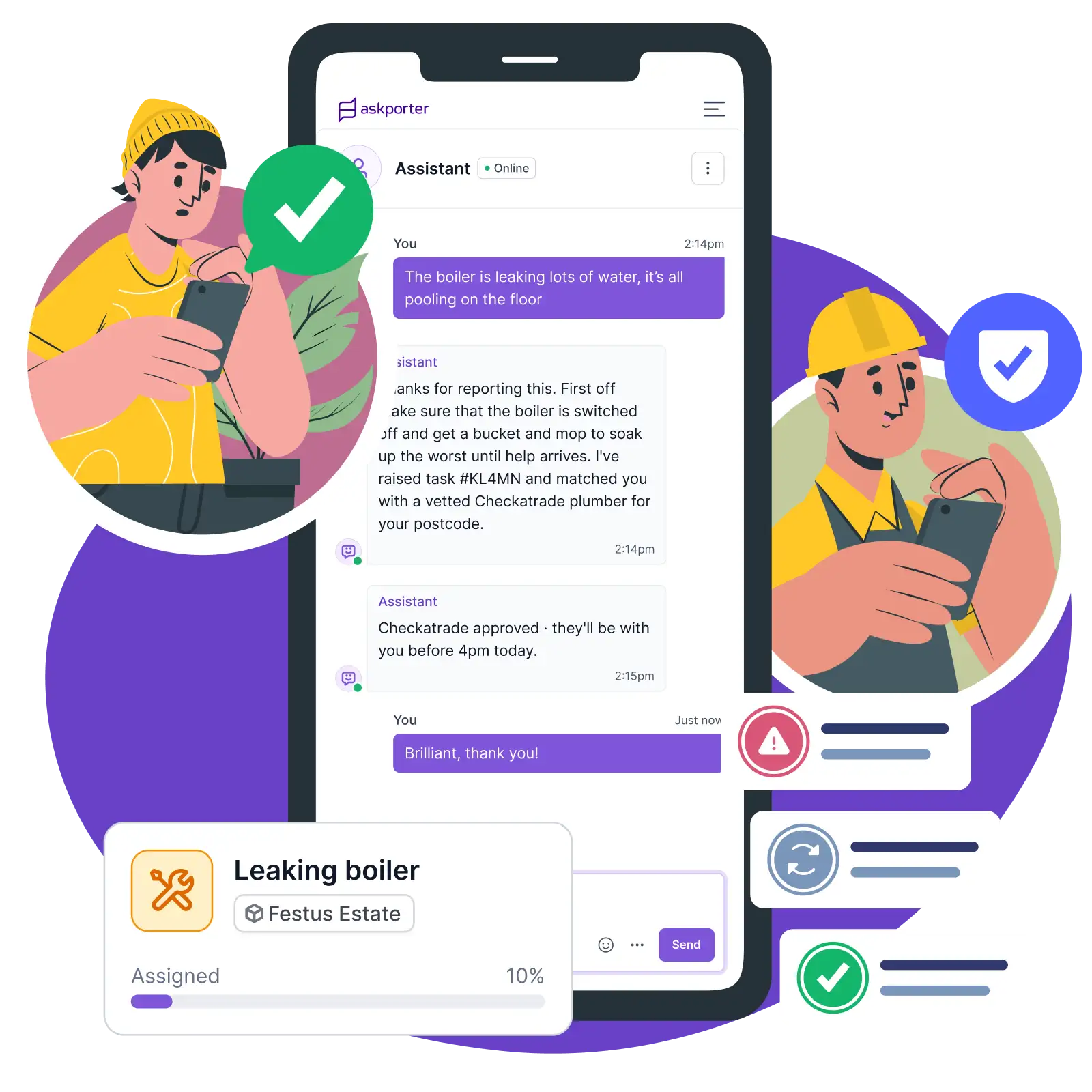 Illustration of a resident reporting a leaking boiler through the askporter chat assistant on their phone, which matches them with a vetted Checkatrade plumber, alongside a task card showing the job assigned and in progress