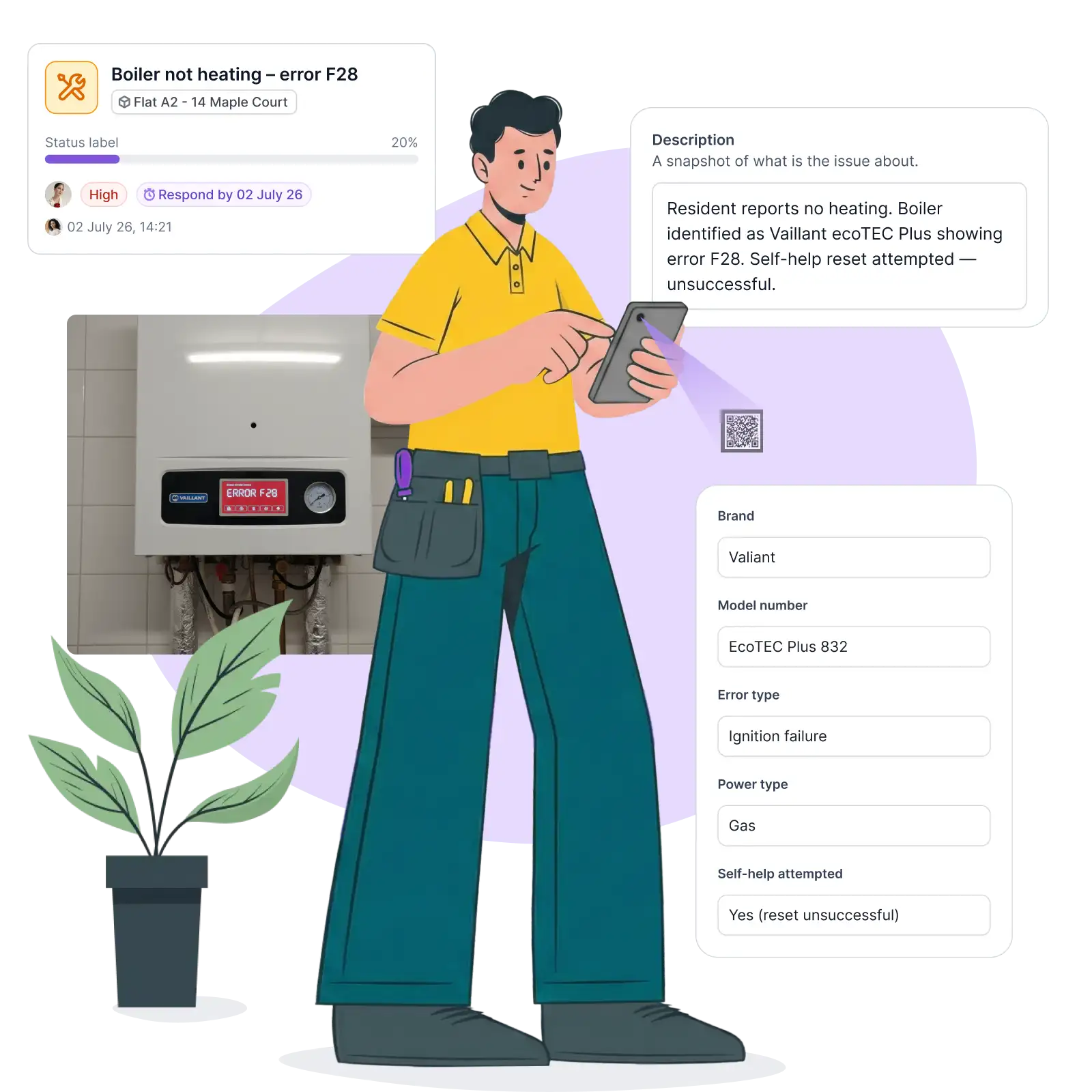 An operative scanning a QR code on a faulty boiler, with askporter automatically pulling through the asset details — brand, model number, error type, and power spec — giving the engineer everything they need before they start the job.