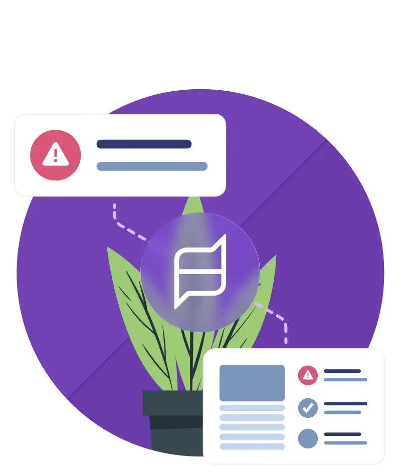 A resident alert and a structured task record connected through a glowing askporter icon, representing a report syncing automatically into the housing management system.