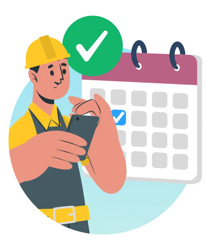Bob checking his phone next to a calendar with an appointment date confirmed, representing an appointment booked and an operative assigned.