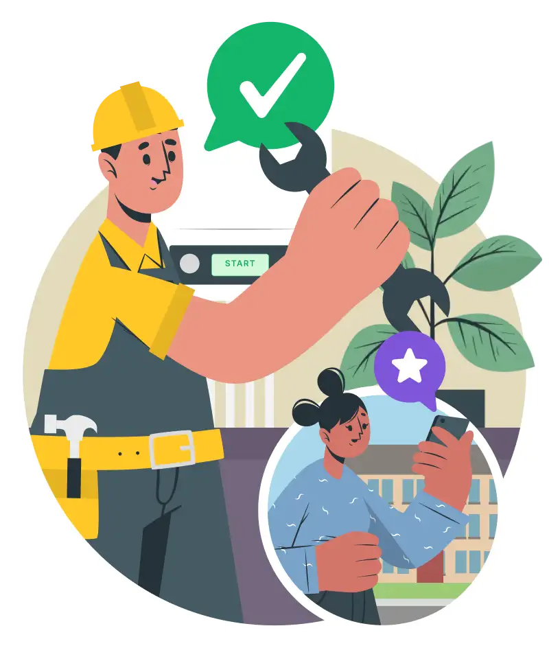 Bob holding a wrench beside a green checkmark, with an inset of Angela on her phone next to a star icon, representing a completed job and a feedback request sent to Angela.