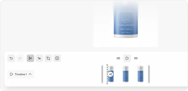Screenshot of a video editing interface showing a blue product bottle in the timeline and preview window.