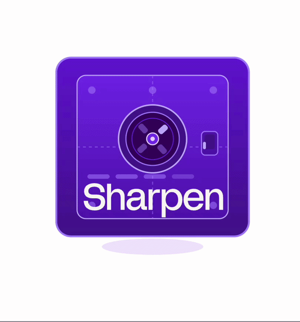 Purple square icon with camera lens and text 'Sharpen' representing an image sharpening tool.