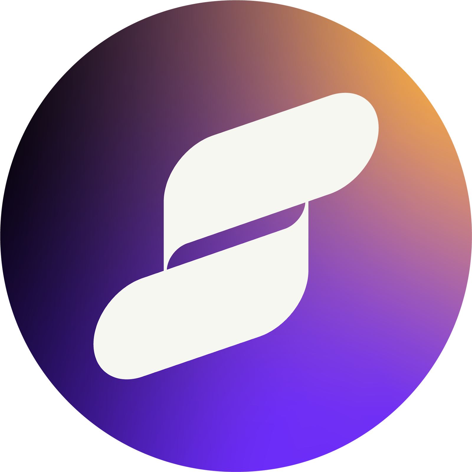 White abstract intertwined shapes inside a circular gradient background from purple to orange.