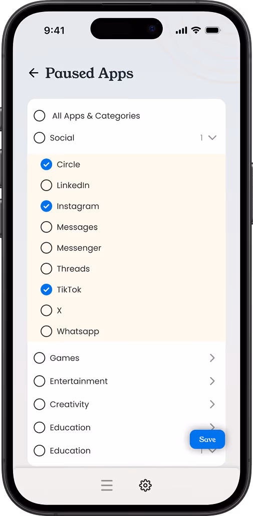 Smartphone screen showing paused apps settings with Social category expanded, Circle, Instagram, and TikTok selected, and a Save button.