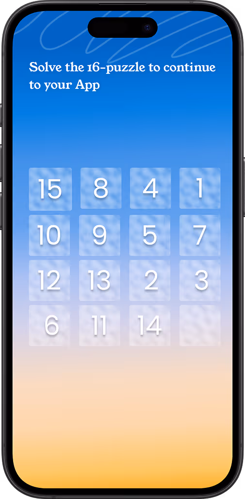 Mobile phone screen showing a 16-puzzle game with numbered tiles 1 to 15 arranged on a blue to orange gradient background and text instructing to solve the puzzle to continue to the app.