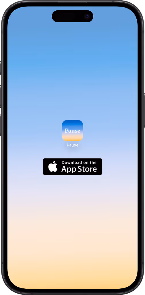 Smartphone screen showing the Pause app icon and a button to download the app from the Apple App Store on a blue to orange gradient background.