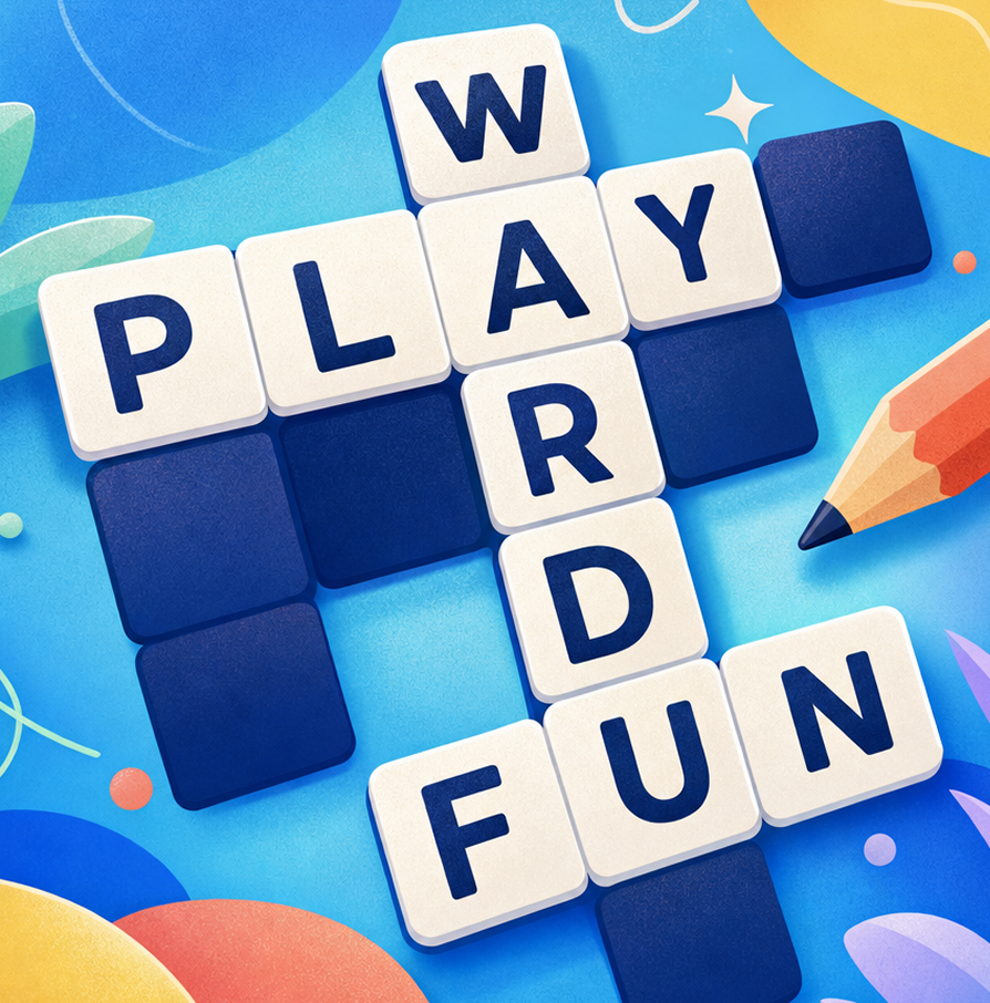 Colorful crossword puzzle with the words PLAY, WORD, and FUN intersecting on a blue background with a pencil nearby.