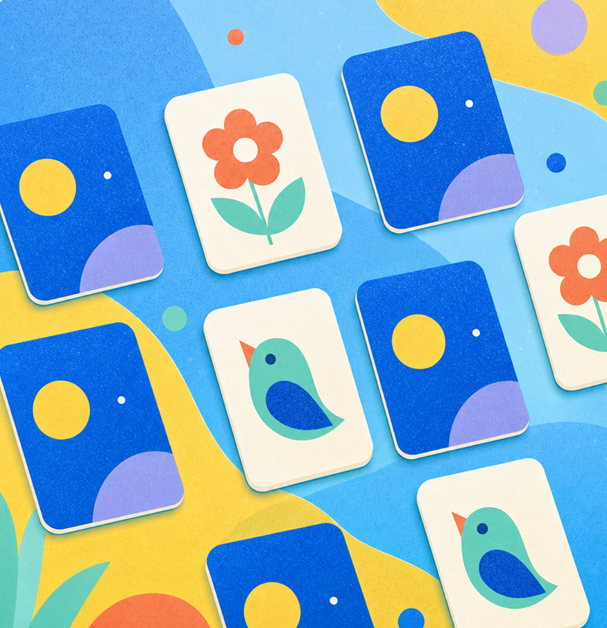 Cards laid out on a colorful background, featuring illustrations of flowers and birds, some cards showing blue backing with sun and moon shapes.