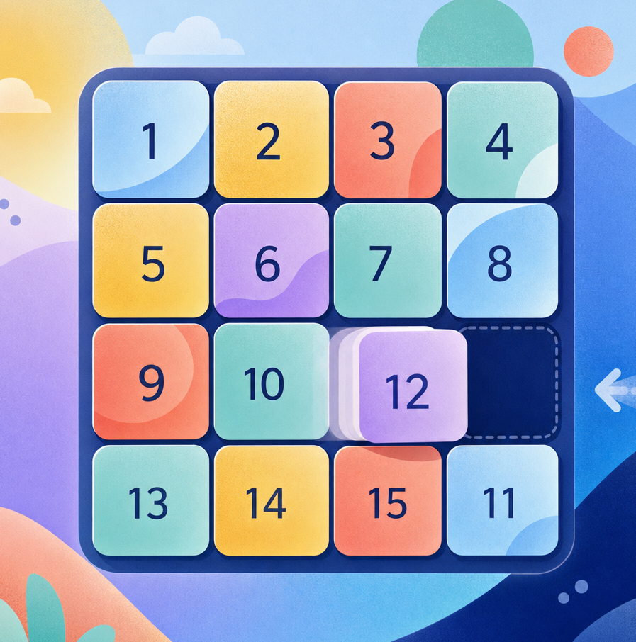 Colorful 15-puzzle game board with numbered tiles 1 to 15 and an empty space in the top right corner, tile 12 partially moved right.