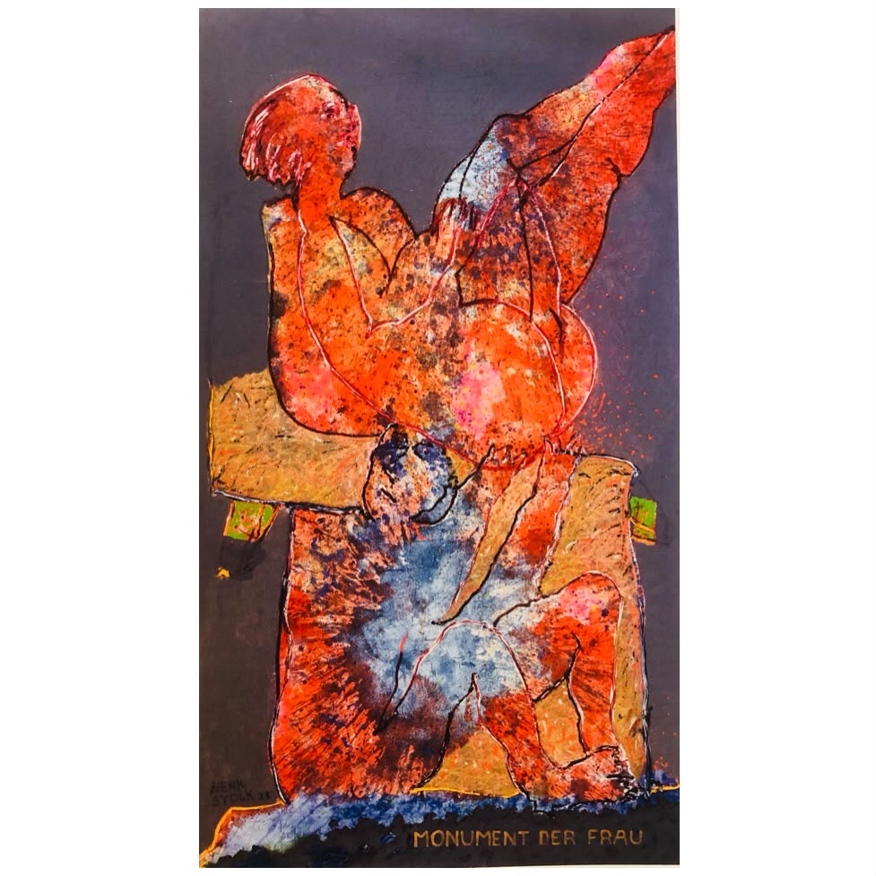 Abstraktes Kunstbild eines roten weiblichen Körpers mit blauen und orangefarbenen Akzenten - Bild von Henk Stolk in der Park Galerie Buchkirchen bei Wels Petuscha Schopper.