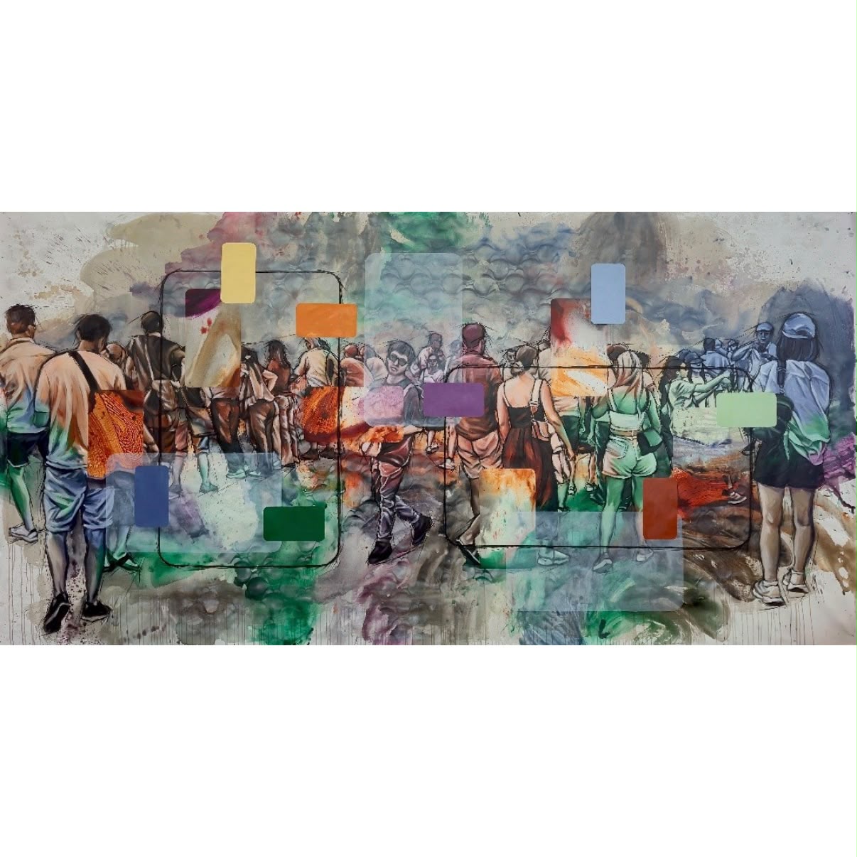 Künstlerische Darstellung einer Menschenmenge, die sich auf einem mit Farben und Mustern verzierten Hintergrund versammelt, mit überlagerten farbigen Rechtecken und Rahmen. Die Personen sind von hinten und seitlich dargestellt, läuft in entspannter Atmosphäre , von der Künstlerin Evelyn Kreinecker in der PARK GALERIE Buchkirchen bei Wels von Peti Petuscha Schopper.
