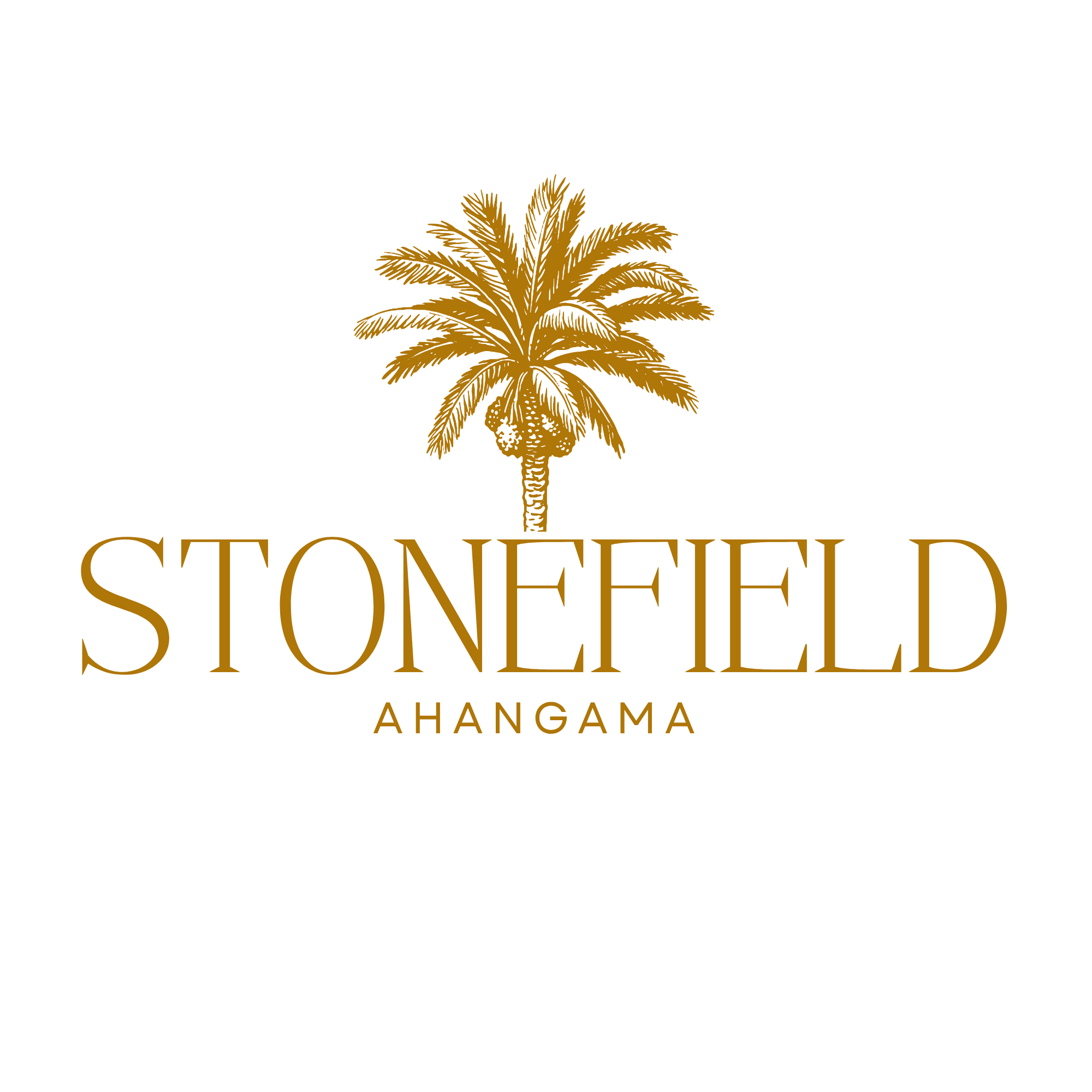 Stonefield Ahangama logo with illustration of a palm tree above the text on a black background.