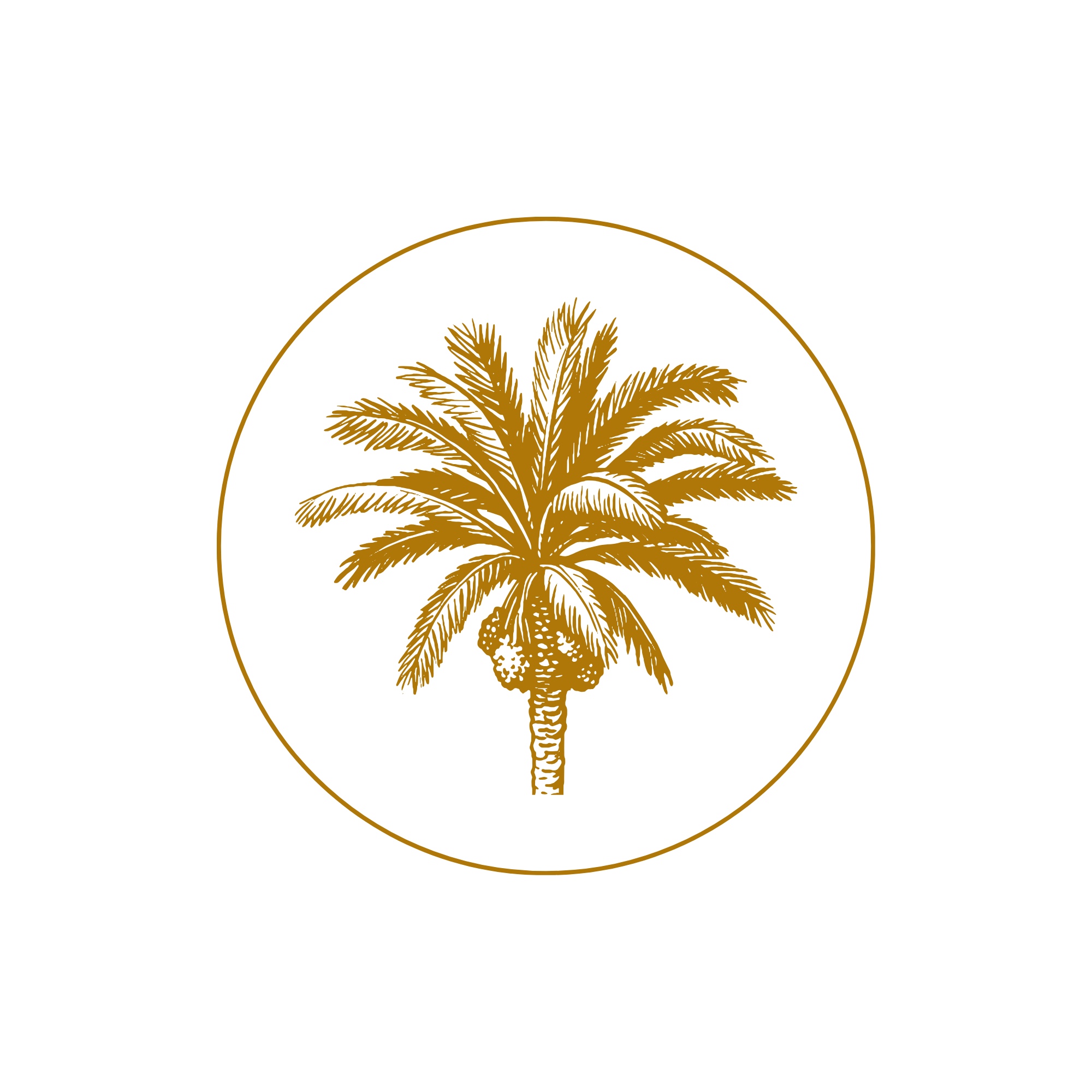 Golden-brown illustration of a palm tree with fronds inside a circular border on a black background.