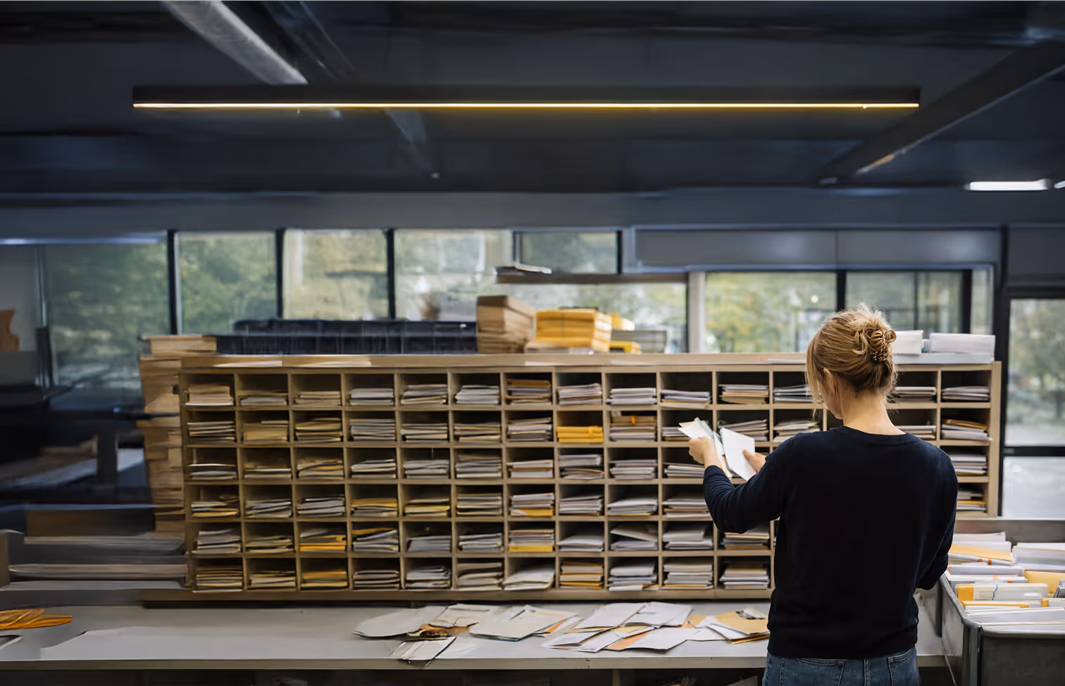 BBC - Une femme trie des courriers dans une grande étagère à casiers remplie de lettres et enveloppes.