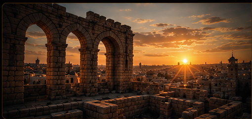 Ancient Jerusalem ruins at sunset symbolizing Israel's history, faith, hope, and resilience.