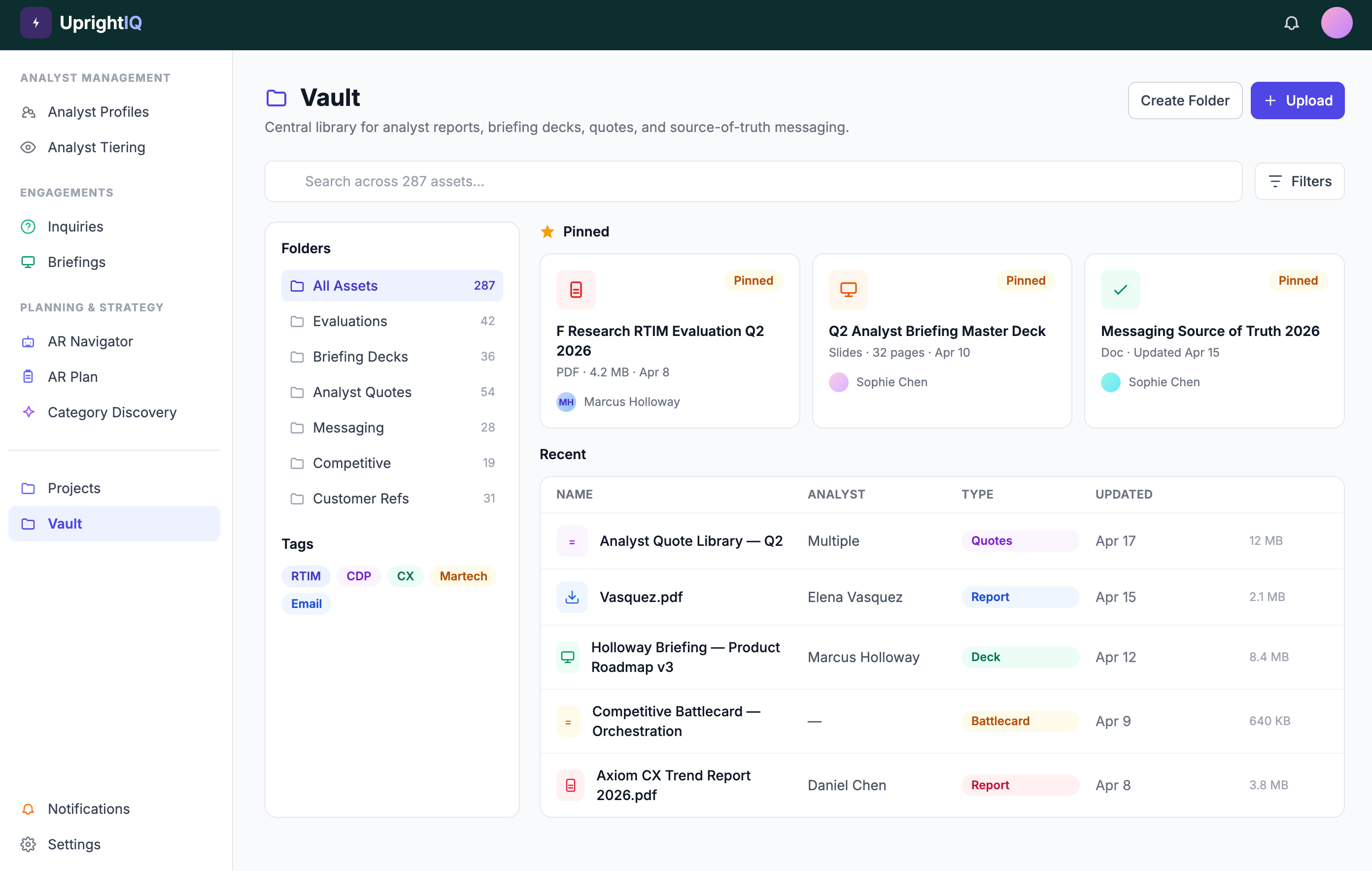 UprightIQ Vault interface showing folders, tags, pinned reports, and recent files with search and upload options.