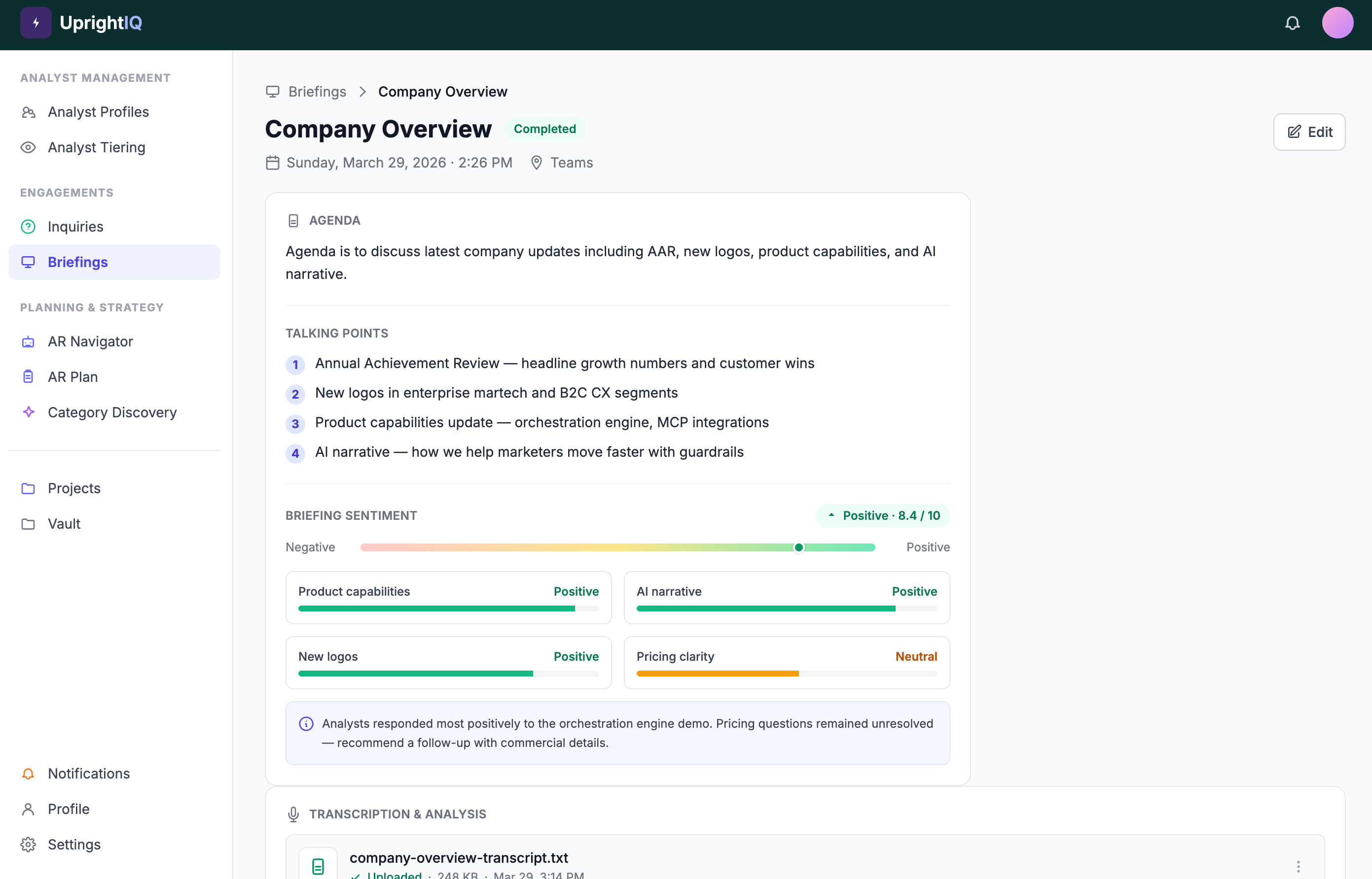 Dashboard showing a company overview briefing with agenda, sentiment scores for product capabilities, AI narrative, new logos, pricing clarity, and AI-powered suggestions for follow-up actions.