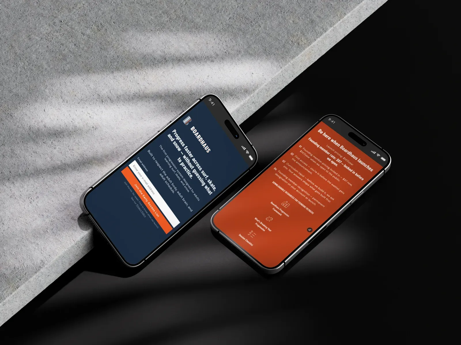 Two smartphones displaying webpages for Boardhaus, one with a blue background joining an early access list and the other with an orange background detailing founding member benefits.