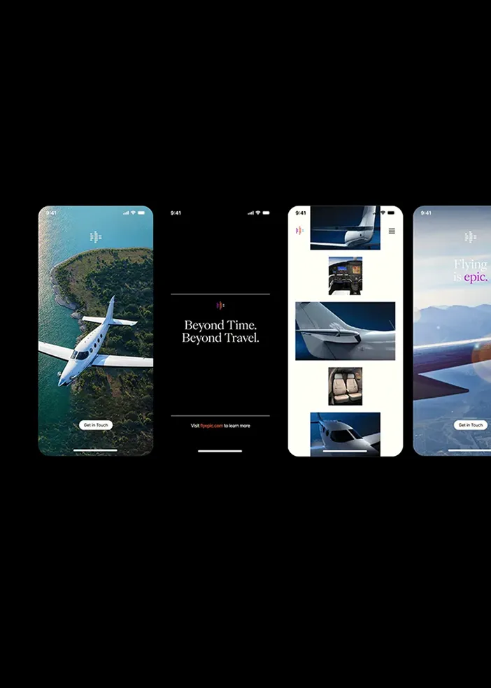 Four mobile screens showing a light aircraft, travel tagline, aircraft interior, and wing with mountains background.