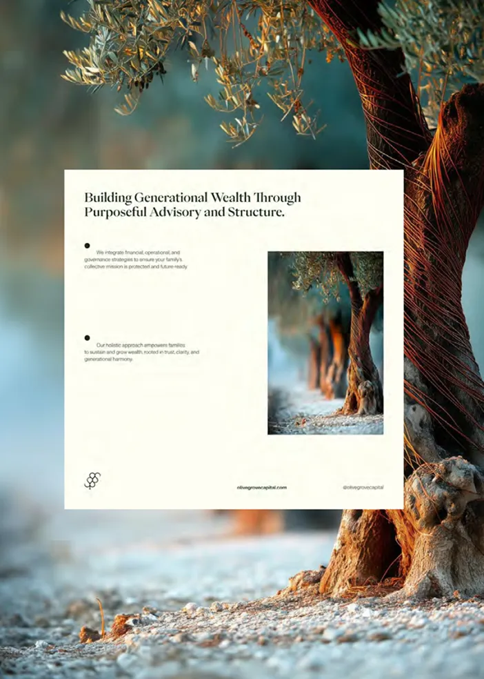 Olive trees with text about building generational wealth through advisory and structure services.