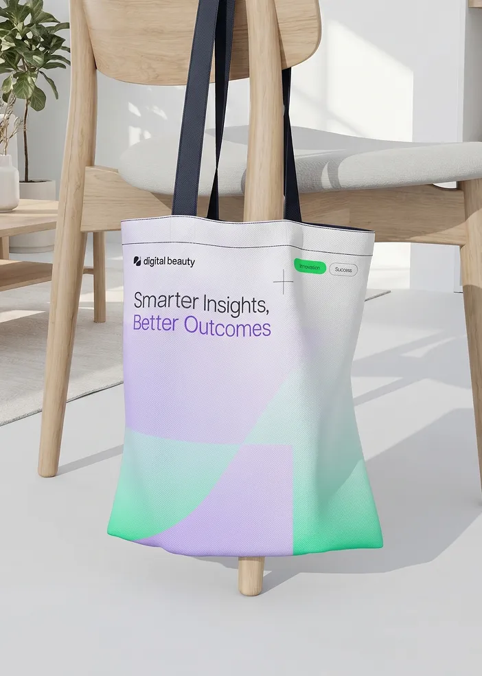 Tote bag hanging on wooden chair with text: Smarter Insights, Better Outcomes by digital beauty.