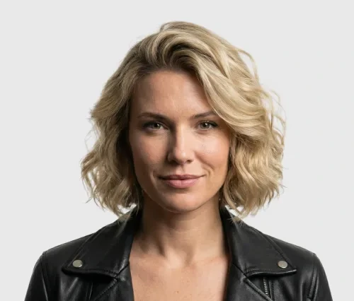 Blonde woman with wavy hair wearing a black leather jacket, looking straight at the camera.