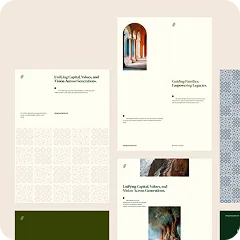 A webpage section featuring two columns with text blocks and images, including stained glass artwork and architectural details, on a beige background.