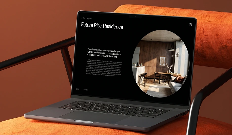 Laptop on orange chair shows a pitch deck slide about Future Rise Residence with interior photo.