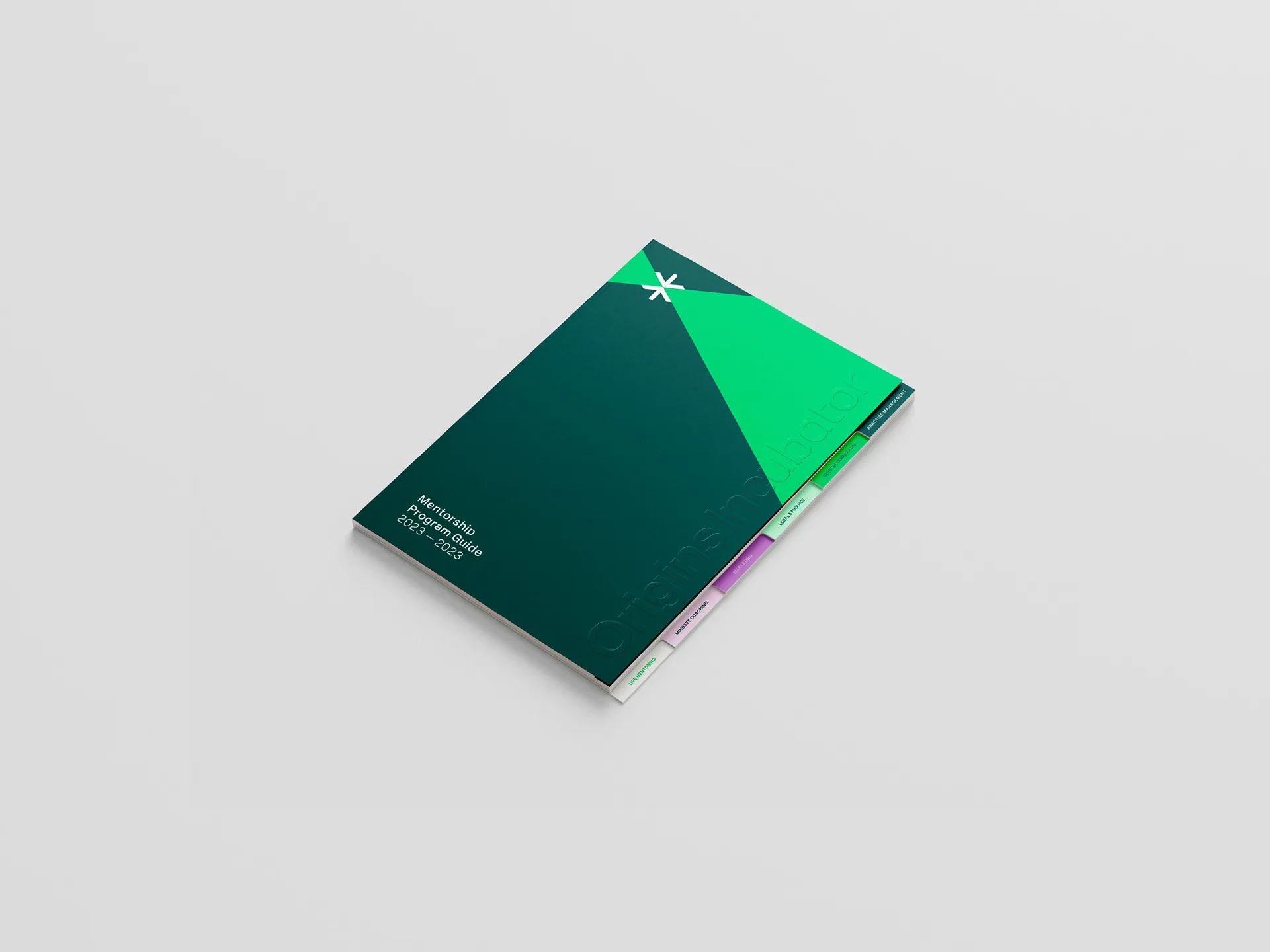 Closed mentorship program guide 2023-2024 with colored tab sections on a gray background.