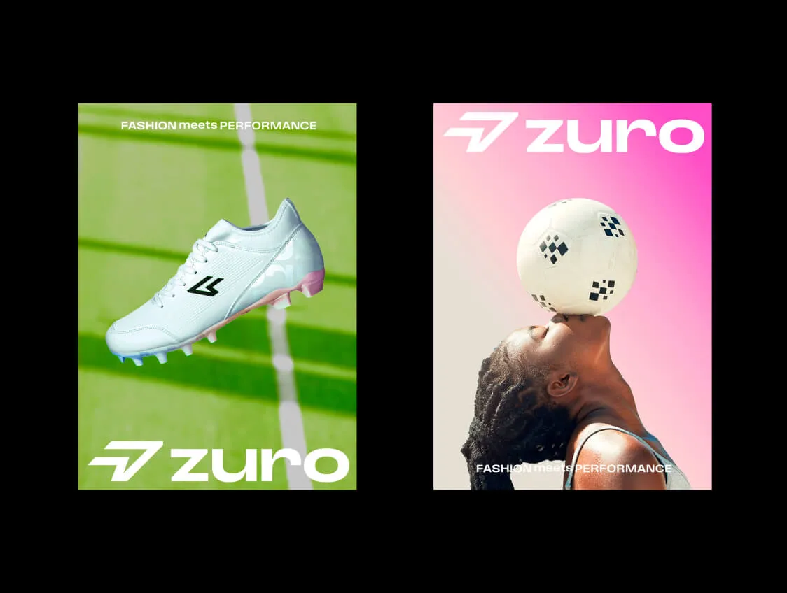 Two Zuro ads: left, a white cleat on grass; right, a person balancing a soccer ball on their face.