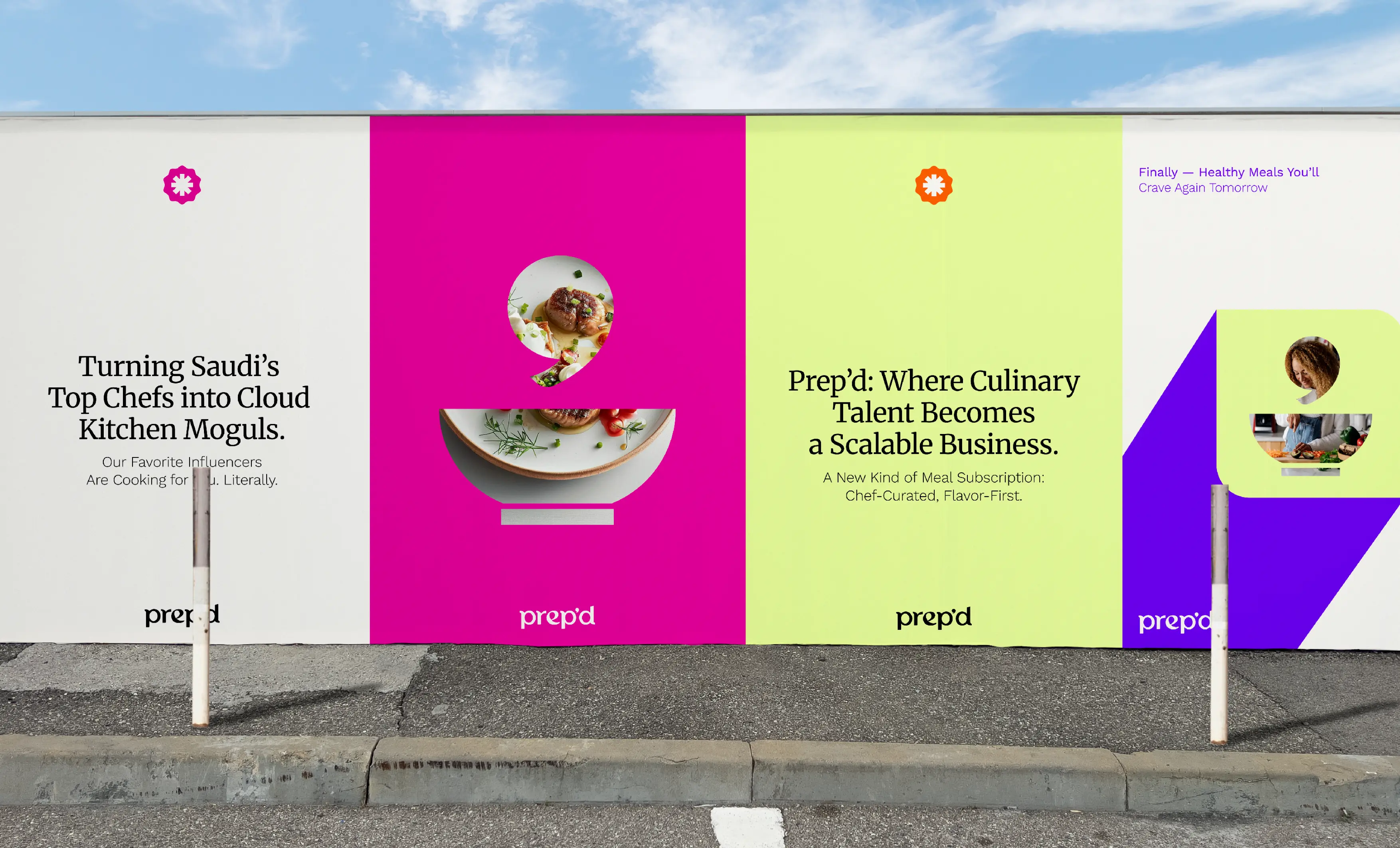 Outdoor banner with text about Prep'd cloud kitchen and culinary talent, with food images inside logo shapes.