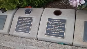 Trevor Hayley's Dad's cemetery plaque. Photo source: The Hayley family vault