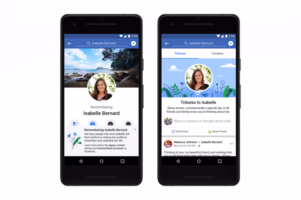 A Facebook memorial profile turns the page into a digital tribute with the word 'Remembering' before the deceased’s name after they die. Source: Facebook