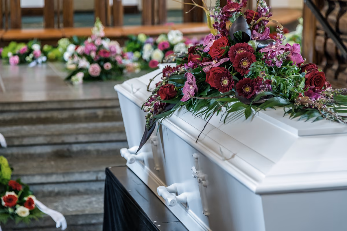 Coffin with lots of flowers