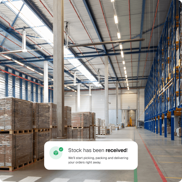 Gonini fulfilment warehouse with a stock received notification