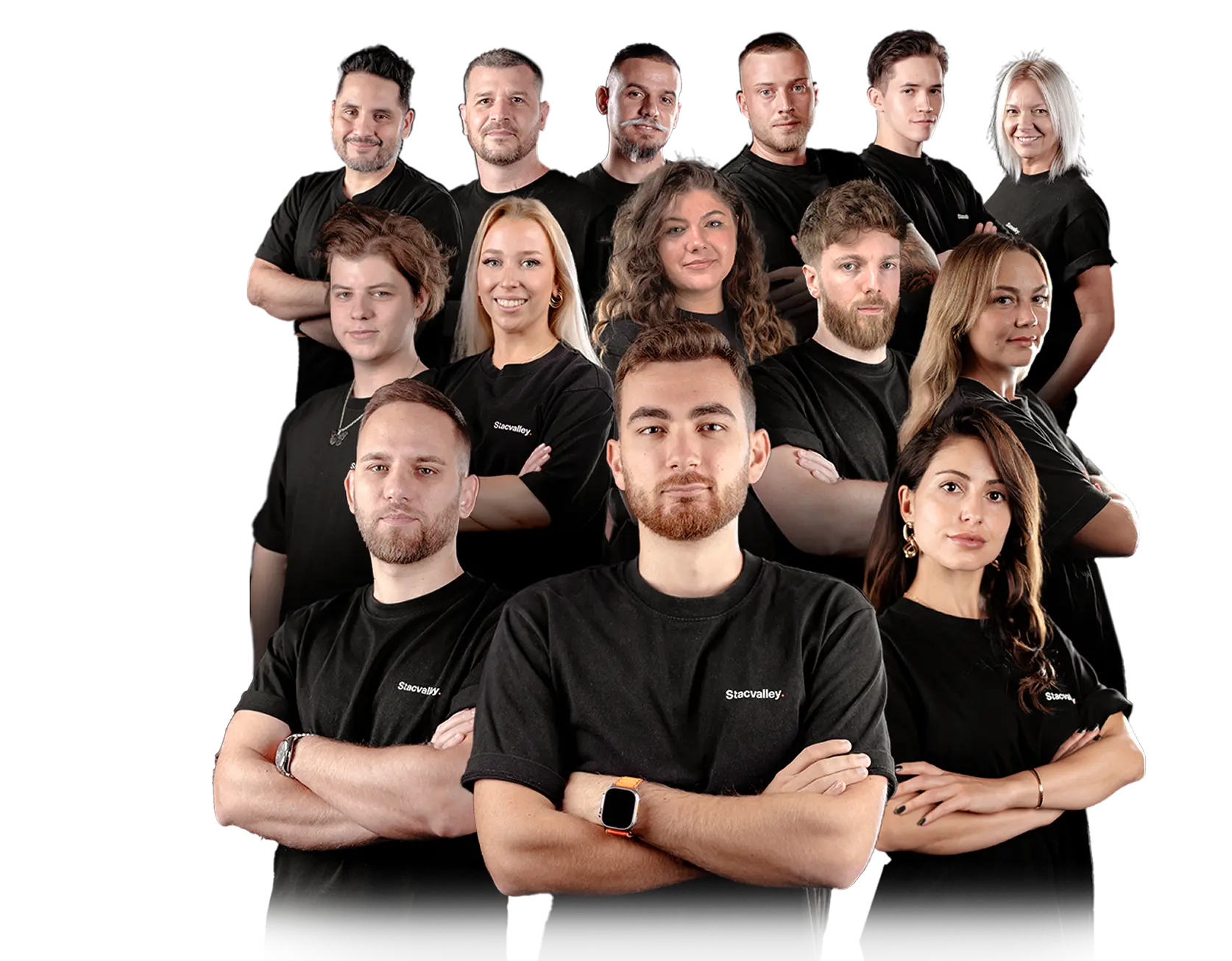 Das Experten-Team der Stacvalley Amazon Agentur: Dreizehn spezialisierte Berater für Amazon Marketing und E-Commerce Strategie. Unsere Experten für Amazon SEO, PPC und Content-Optimierung in den markanten schwarzen Stacvalley-Brand-Shirts stehen für Erfolg und partnerschaftliche Zusammenarbeit.