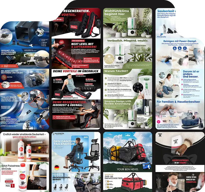 Collage of German product advertisements including fitness recovery boots, a smart humidifier, a steam cleaning brush, cleaning sprays, ergonomic office chairs, travel bags, and men's grooming products.