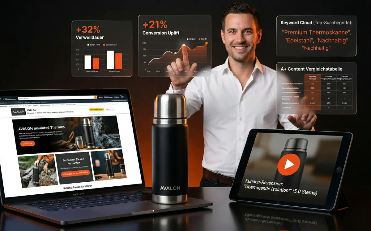 Stacvalley Amazon Agentur Infografik: Der Quantum-Growth-Effekt durch die Synergie von Amazon SEO, PPC и Content-Marketing. Strategische Lücken-Analyse und KI-basierte Algorithmus-Dominanz zur Skalierung von E-Commerce Marken und Erreichung der Marktführerschaft.